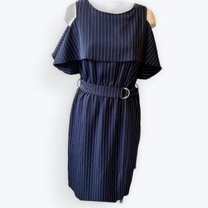 Luna Navy Pinstripe Keyhole Shoulder Dress